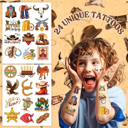 48PCS Cowboy Party Set - Slap Bracelets Temporary Tattoos for Kids