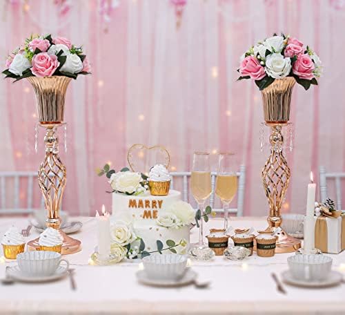 2 Pcs Beaded Crystal Gold Trumpet Vase Elegant Wedding Centerpiece