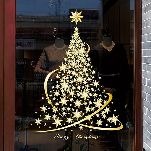 Cityhermit Golden Christmas Tree Window Stickers for Glass