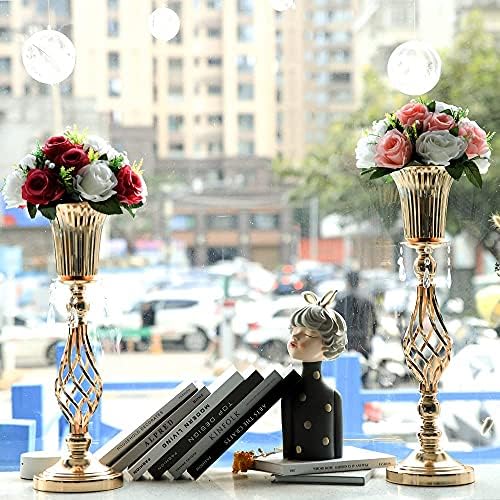 2 Pcs Beaded Crystal Gold Trumpet Vase Elegant Wedding Centerpiece