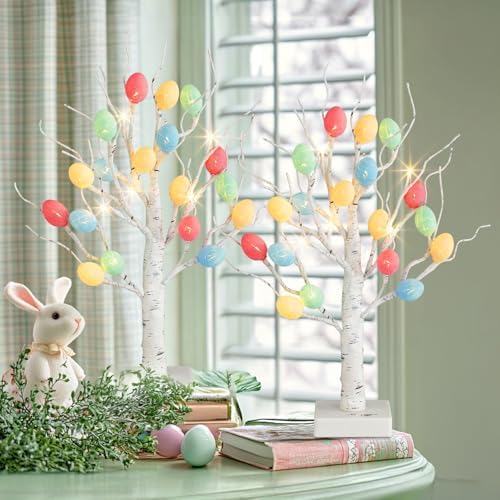 PEIDUO 22 Pre-Lit White Birch Easter Tree with 36 Cracked Eggs