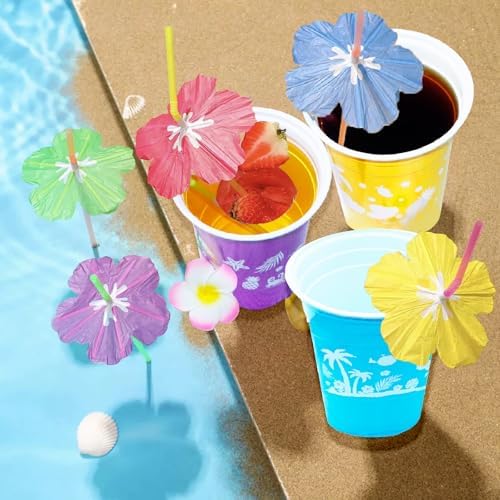 50 Pcs Hawaiian Luau Cups with Parasol Straws