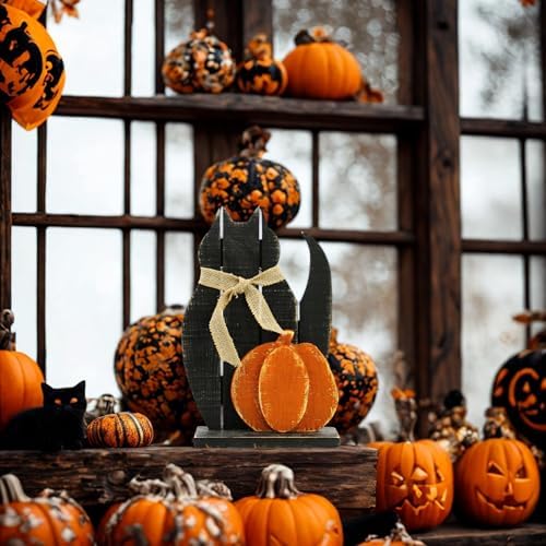 Diamond Star Halloween Black Cat Pumpkin Wooden Decor