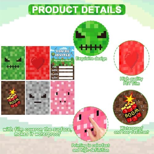 Pixel Birthday Invitations with Envelopes and Stickers