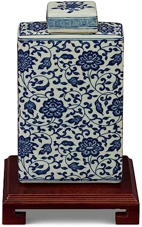 Blue and White Porcelain Chinese Tea Jar with Flowers Lid Included