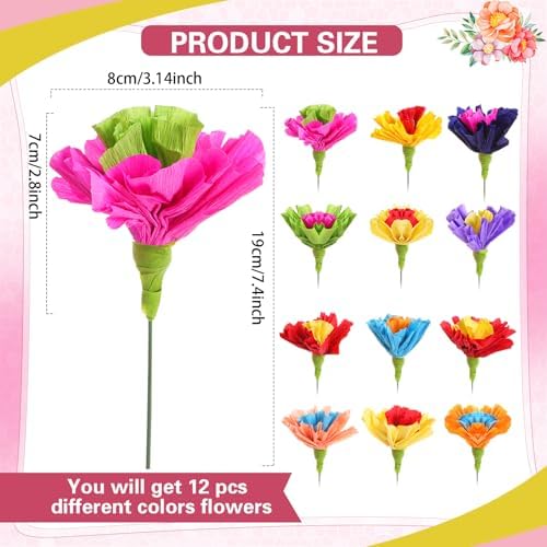 Ctosree 12 Pcs Mexican Rainbow Crepe Paper Flowers Bunch with Stems