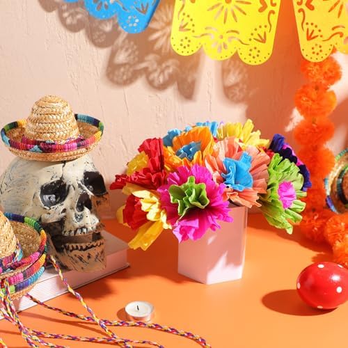 Ctosree 12 Pcs Mexican Rainbow Crepe Paper Flowers Bunch with Stems