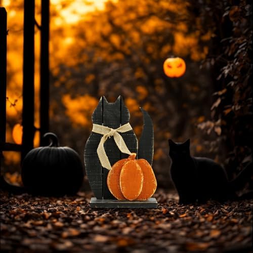 Diamond Star Halloween Black Cat Pumpkin Wooden Decor