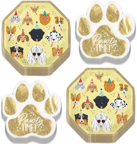 Dog Themed Party Supplies Pawty Time Metallic Gold Plates and Napkins