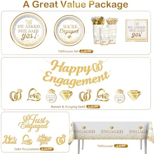Gold White Engagement Party Decor Set for 25 Guests