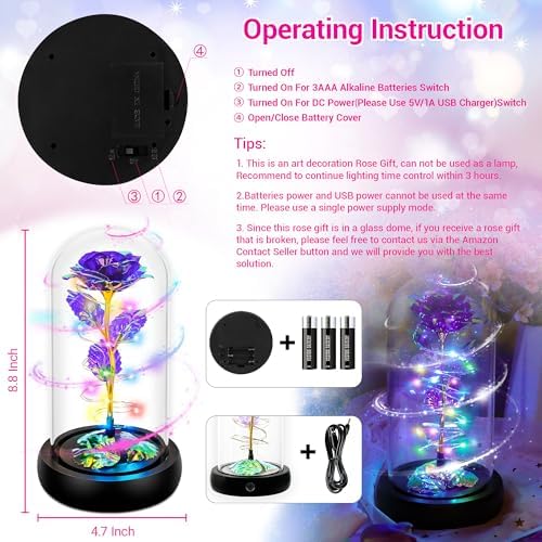 Rotating Purple Roses in Glass Dome with LED Light