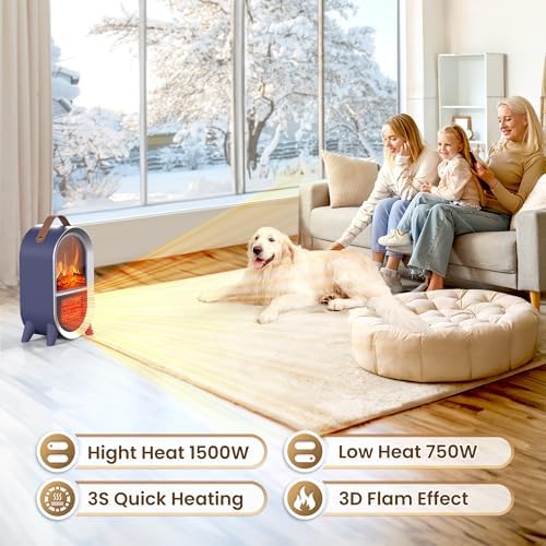 Riseon 1500W 750W Small Space Heater with 3D Flame and Thermostat Protection Blue
