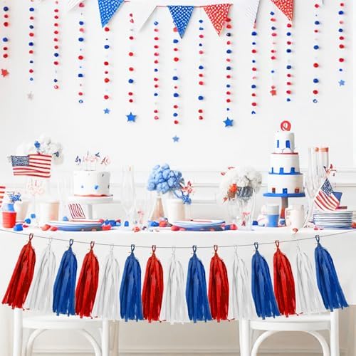 Red White Blue Party Decorations 15Pcs Tissue Paper Tassel Garland