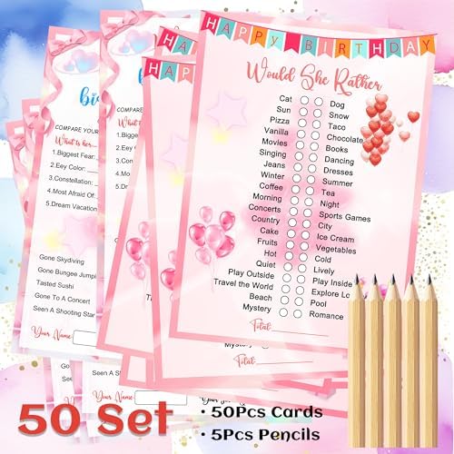 Who Knows The Birthday Girl Best Cards Set 50Pcs with 5 Pencils
