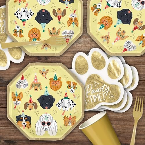 Dog Themed Party Supplies Pawty Time Metallic Gold Plates and Napkins