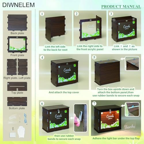 DIWNELEM Wooden Wedding Card Box with Lock and Light