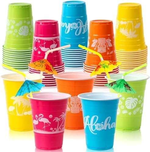 50 Hawaiian Luau Decor Cups with Parasol Straws