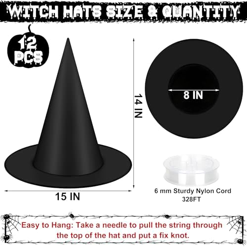 12 Piece Halloween Witch Hats with Hanging Cord