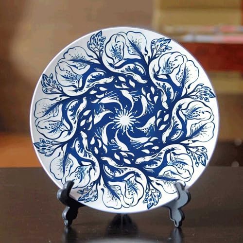 Blue and White Leaf Decoration Bone China Plate with Stand