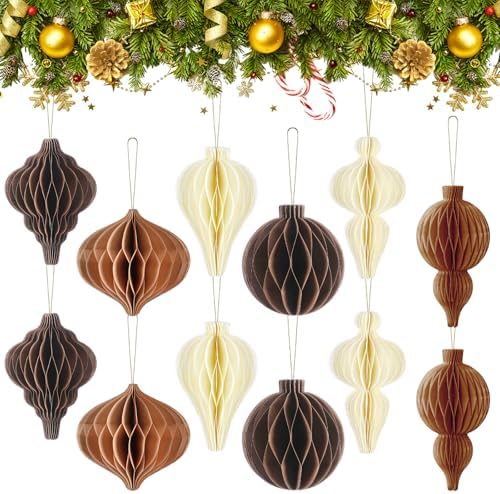 12 Pcs Christmas Honeycomb Ornament Neutral Brown Decor