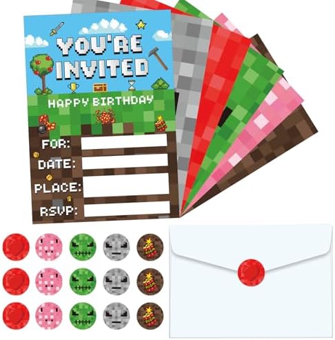Pixel Birthday Invitations with Envelopes and Stickers