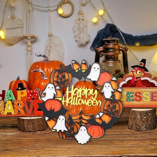 Happy Halloween Wooden Wreath Wall Hanging Sign