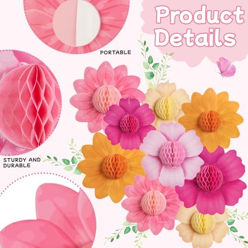 SUNBEAUTY 9 PCS Pink Orange Hanging Paper Flowers Set