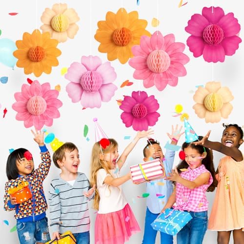 SUNBEAUTY 9 PCS Pink Orange Hanging Paper Flowers Set