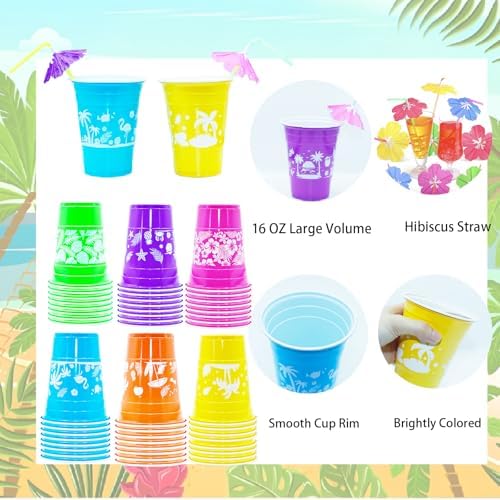 50 Pcs Hawaiian Luau Cups with Parasol Straws