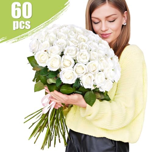 60 Pcs Artificial Roses Bulk Velvet Silk White