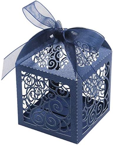 KPOSIYA 100 Pack Laser Cut Wedding Favor Boxes with Ribbons Navy