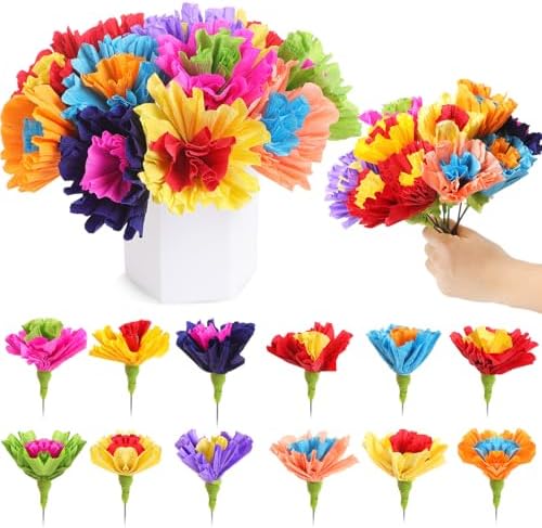 Ctosree 12 Pcs Mexican Rainbow Crepe Paper Flowers Bunch with Stems