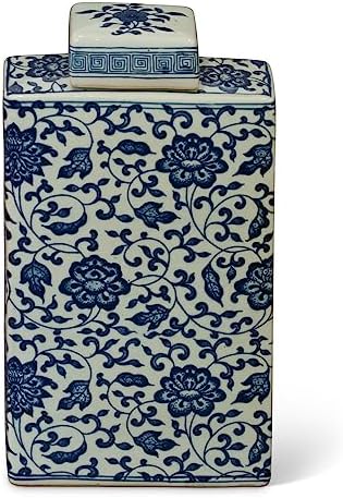 Blue and White Porcelain Chinese Tea Jar with Flowers Lid Included
