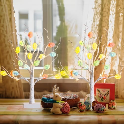 PEIDUO 22 Pre-Lit White Birch Easter Tree with 36 Cracked Eggs