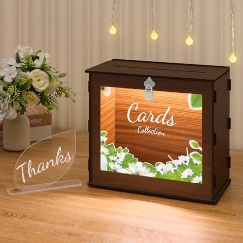 DIWNELEM Wooden Wedding Card Box with Lock and Light