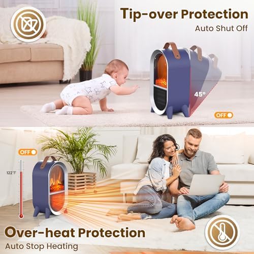 Riseon 1500W 750W Small Space Heater with 3D Flame and Thermostat Protection Blue