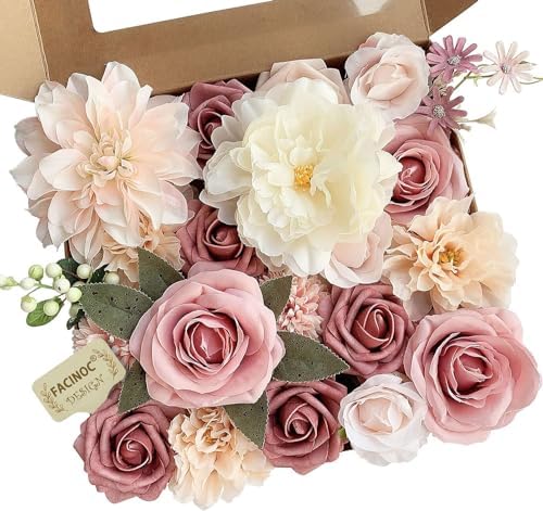 FACINOC Pink Roses Artificial Flower Bouquet Set 19pcs 1