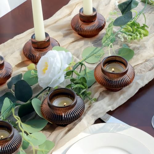 VOHO 12pcs Brown Amber Candle Holders for Fall Decor