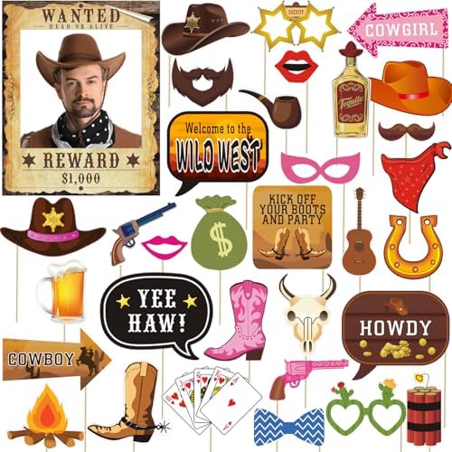 33pcs Western Cowboy Cowgirl Photo Booth Props for Wild West Themed Parties
