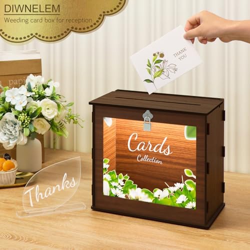 DIWNELEM Wooden Wedding Card Box with Lock and Light