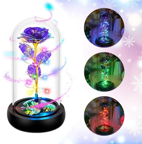 Rotating Purple Roses in Glass Dome with LED Light