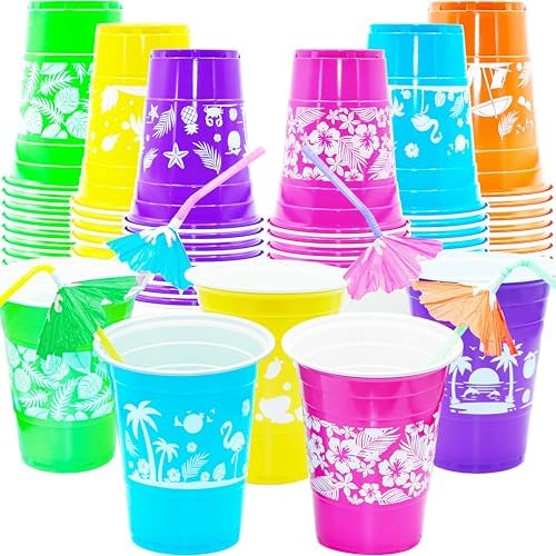 50 Pcs Hawaiian Luau Cups with Parasol Straws