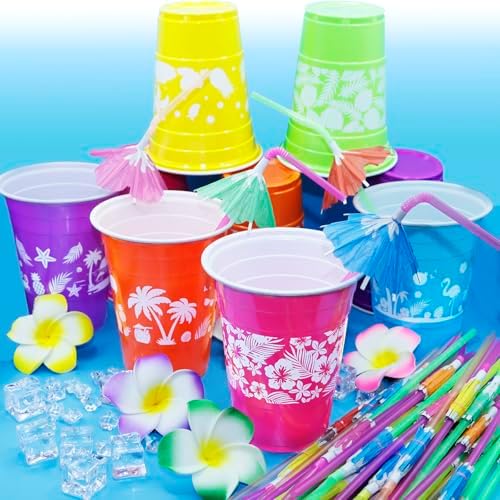 50 Pcs Hawaiian Luau Cups with Parasol Straws