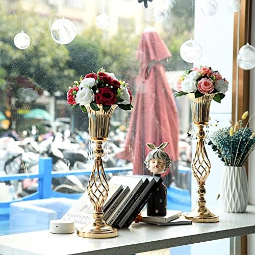 2 Pcs Beaded Crystal Gold Trumpet Vase Elegant Wedding Centerpiece