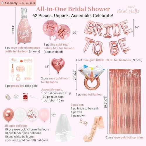Vidal Crafts 62-Piece Rose Gold Bridal Shower Decor Kit