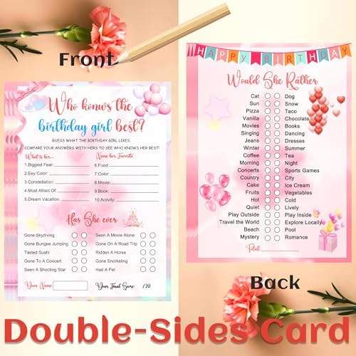 Who Knows The Birthday Girl Best Cards Set 50Pcs with 5 Pencils