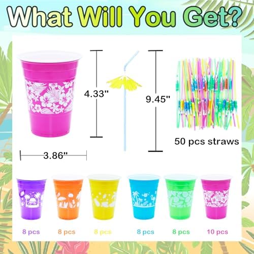 50 Pcs Hawaiian Luau Cups with Parasol Straws