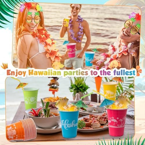 50 Hawaiian Luau Decor Cups with Parasol Straws