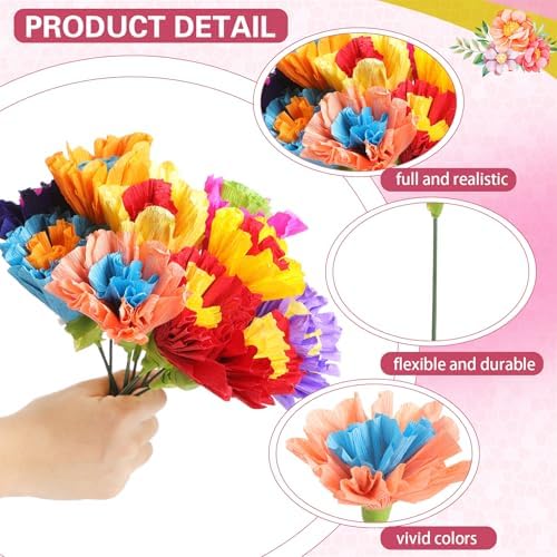 Ctosree 12 Pcs Mexican Rainbow Crepe Paper Flowers Bunch with Stems