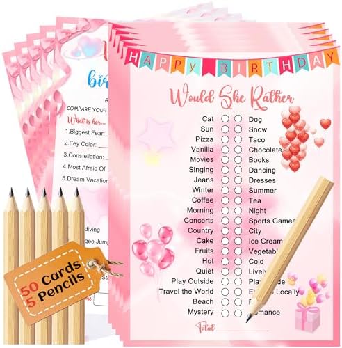 Who Knows The Birthday Girl Best Cards Set 50Pcs with 5 Pencils